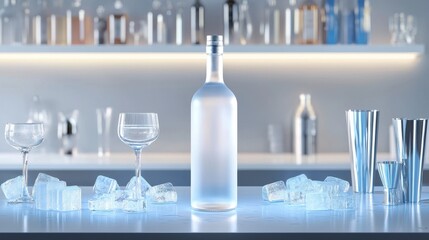 A sleek bottle of vodka sitting on a frosted bar counter, surrounded by cocktail glasses and ice.
