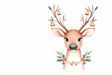 Naklejka premium A charming illustration of a festive deer adorned with holly and bells, perfect for holiday themed designs and decorations.