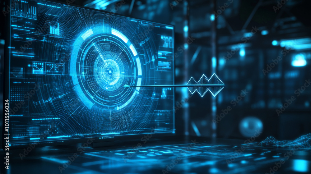 Aufkleber a futuristic design shows a computer screen with a target and an arrow hitting the center. the backg