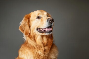 Obraz premium A cheerful golden retriever with a shiny coat, smiling happily against a muted gray background, showcasing its friendly demeanor.