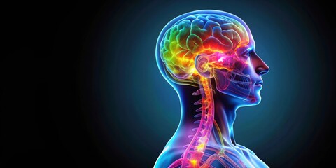 Naklejka premium A detailed anatomical illustration of the human head and neck with a colorful depiction of the brain, skull, and spinal cord.