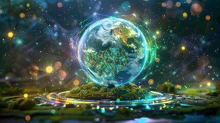 Neon Globe Above Tech Platform