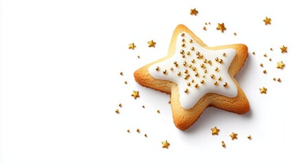 A star-shaped Christmas cookie with gold sprinkles, isolated on a white background.