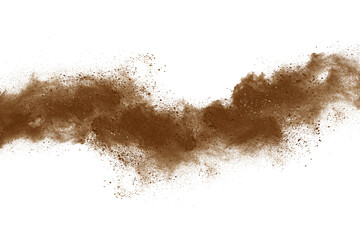 Brown color powder explosion isolated on white background. Colored cloud. Colorful dust explode. Paint Holi