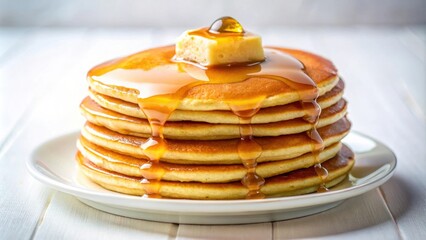 A stack of golden brown pancakes drizzled with sweet syrup and a pat of butter, a delightful breakfast treat
