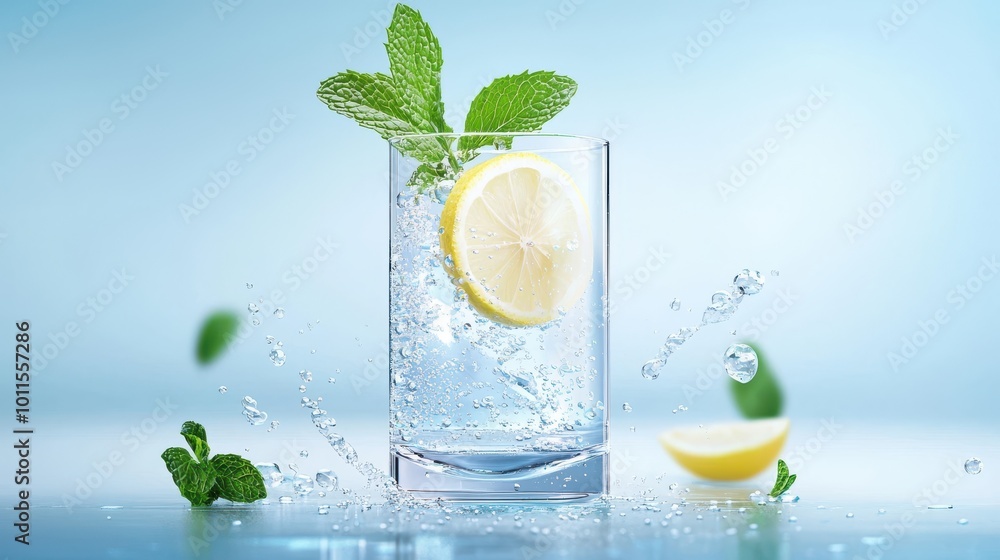 Poster a tall glass of soda water fizzing with bubbles, with a sprig of mint and a slice of lemon floating 