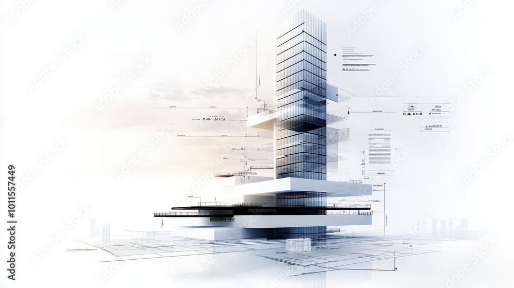 Poster a technical drawing of a skyscraper, with detailed blueprints showing each level's design and struct