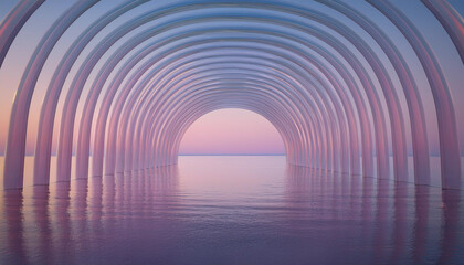 3d render, abstract zen seascape background. Nordic surreal scenery with geometric mirror arches, calm water and pastel gradient sky. Futuristic minimalist wallpaper