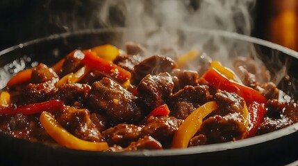 A detailed shot of a sizzling hot plate of beef stir-fried with peppers and onions, with the camera focusing on the glistening sauce and tender beef, creating a mouth-watering effect