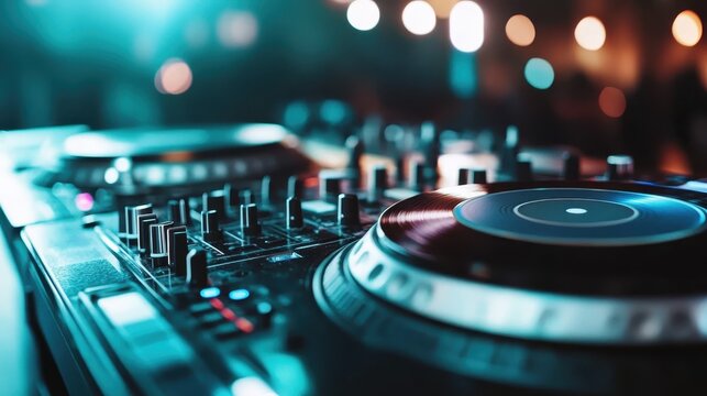 An atmospheric close-up of a DJ turntable illuminated by subtle lights, perfectly capturing the essence of music mixing, ideal for scenes of modern music culture.