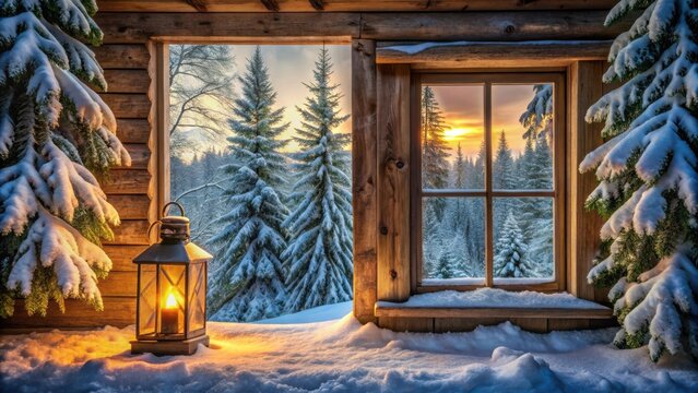 Fototapeta A glowing lantern sits on a snow-covered window sill, casting a warm light onto the snow and framing a breathtaking view of a winter sunset through a window in a wooden cabin.