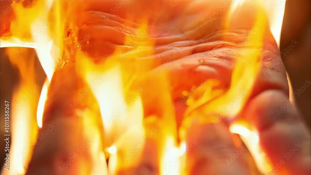 Poster a hand engulfed in flames, creating a striking and intense visual effect.