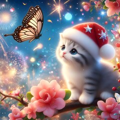 Naklejka premium Cute Kitten in a Santa Hat with a Butterfly for a Magical Christmas
