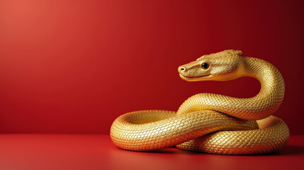 Fototapeta premium Golden Chinese Zodiac Snake on Red Background for 2025 New Year - Luxury Symbol of Prosperity and Wealth