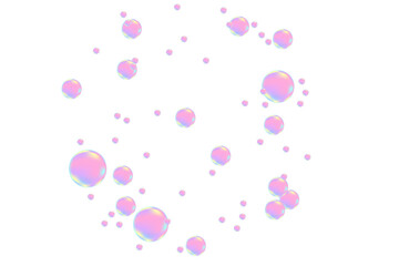 Cute 3D holographic flowing liquid bubbles or fluid glowing iridescent pink droplets isolated on transparent background. Sparkling water composition, moisture condensation molecules or particles