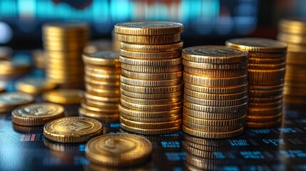 Stack of coins with trading chart in financial, stock market, wealth economy, interest rate, Inflation and tax