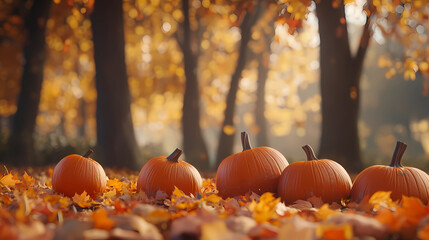 Autumn Abundance: Pumpkins and Colorful Leaves in a Cozy Harvest Scene