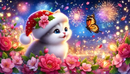 Obraz premium Cute Kitten in a Santa Hat with a Butterfly for a Magical Christmas