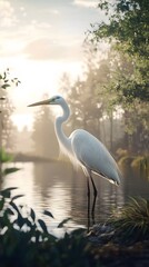 Naklejka premium Great Egret Bird in Nature, Photo Realistic, Pattern Background, Wallpaper, Cover and Screen for Smartphone, PC, Laptop, 9:16 and 16:9 Format