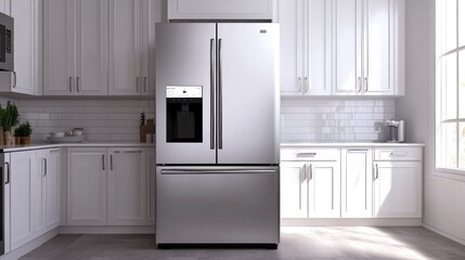 Fototapeta premium A modern stainless steel refrigerator in a bright kitchen setting.