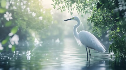 Naklejka premium Great Egret Bird in Nature, Photo Realistic, Pattern Background, Wallpaper, Cover and Screen for Smartphone, PC, Laptop, 9:16 and 16:9 Format