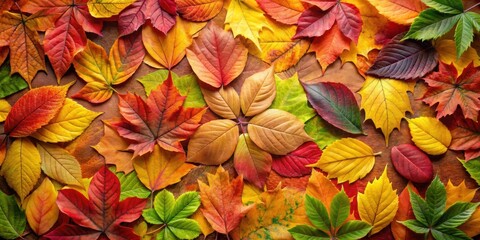 Fototapeta premium A symphony of autumn colors, leaves in shades of red, orange, yellow, and green, showcasing the beauty of nature's transformation.