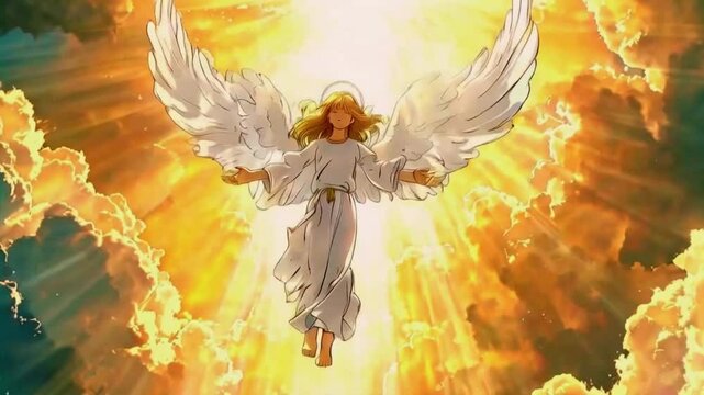 A powerful archangel with a golden sword and glowing halo clouds, earth below. angel's wings light beams thick clouds. The sky turns brighter, 4k anime-style religious Animation Video