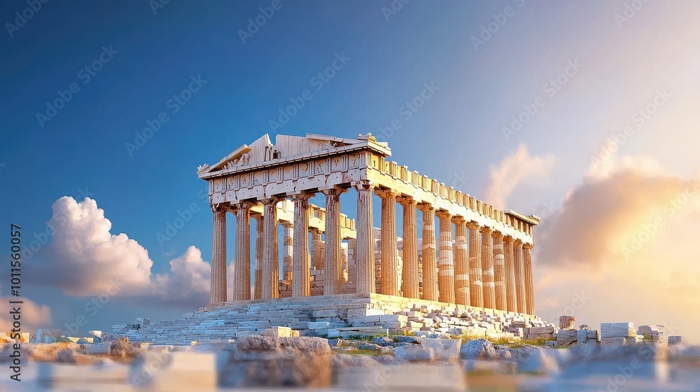 Poster a wide-angle view of the parthenon in athens, emphasizing its towering columns and symmetrical archi