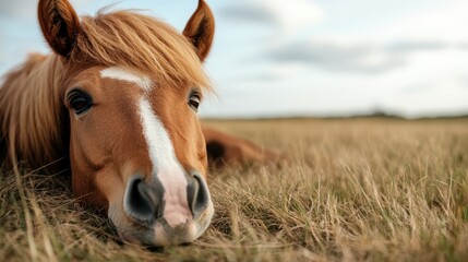 Naklejka premium The peaceful horse relaxes on a sunlit meadow, surrounded by nature's serenity, representing a moment of calm reflection and embracing life's simple pleasures.