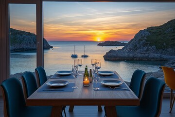 Fototapeta premium Dining Room with Ocean View at Sunset, Romantic Dinner Setting with a Stunning Scenery