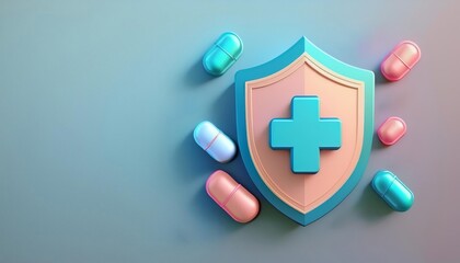 Fototapeta premium A colorful shield with a cross symbol surrounded by capsules, representing health, safety, and medication.