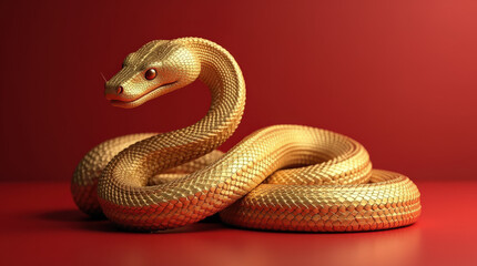 Fototapeta premium Golden Chinese Zodiac Snake on Red Background for 2025 New Year - Luxury Symbol of Prosperity and Wealth