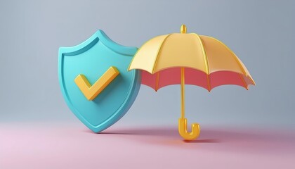 A colorful shield with a checkmark beside a bright umbrella, symbolizing protection and security against various risks.