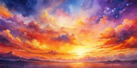 Fototapeta premium A Watercolor Painting of a Sunset with Stars in the Sky, Depicting a Serene and Tranquil Landscape