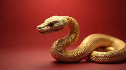 Fototapeta premium Golden Chinese Zodiac Snake on Red Background for 2025 New Year - Luxury Symbol of Prosperity and Wealth