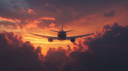 Evening flight of a passenger airplane on a background of beautiful sky