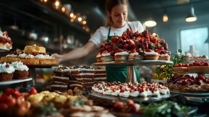 A pastry chef presents a sumptuous selection of cakes adorned with assorted fruits, capturing the artistry and dedication in a bustling bakery environment.