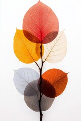 Obraz premium A branch with four translucent leaves in vivid colors, including orange, blue, yellow, and white, arranged on a white backdrop.
