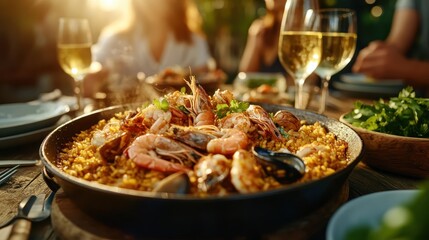 The vibrant seafood paella is served under golden sunlight, displaying an array of seafood delights, symbolizing communal dining and the art of outdoor feasting.
