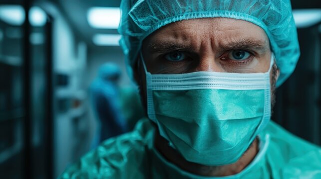 A focused surgeon wearing scrubs and a surgical mask stares intently at the camera in an operating room, underscoring precision and dedication.