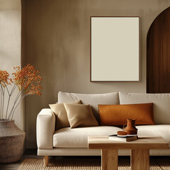 Mockup of a 3x4 brown vertical wooden frame in a modern living room interior with a white sofa and modern decor. Artwork, poster, art print, wall art mockup. Cozy home interior.