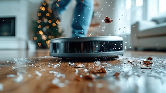 A robot vacuum navigates a wooden floor, cleaning up debris while a person walks by, set against a blurred festive background, emphasizing modern cleaning solutions.