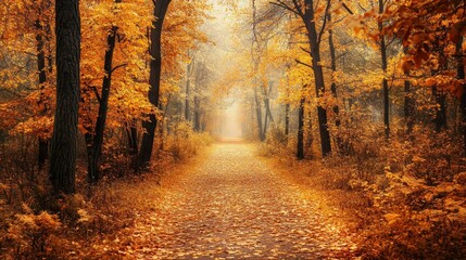 Fototapeta premium Serene autumn forest path, golden leaves carpet, cycle of life, change, Feng Shui harmony, autumn fortune ambiance