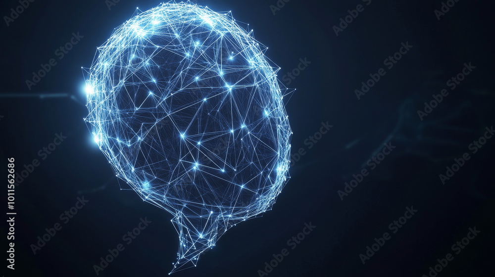 Poster a futuristic, digital chatbot with a speech bubble, all made of lines and triangles. it represents a