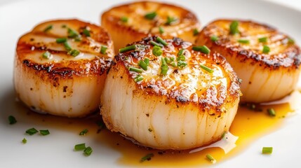 Four golden brown seared scallops sitting invitingly on a white plate, topped with green chives, indicative of a gourmet meal, ready to be savored.