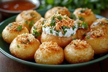 Fototapeta premium Fried Potato Balls with Creamy Dip, Topped with Parsley and Crispy Onions