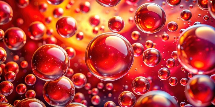 A mesmerizing array of shimmering red spheres, suspended in a swirling nebula of vibrant hues, creates a captivating abstract composition.