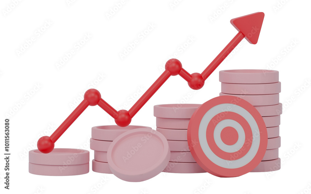 Poster business chart graphics and coin stacks isolated on transparent background. 3d render.
