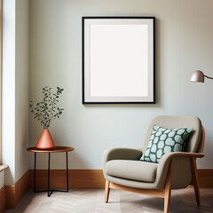 Mockup of a 4x5 black vertical frame with mat in a modern Scandinavian style living room with gray armchair and green plant. Artwork, poster, art print, wall art mockup.