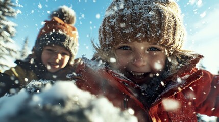 Delightful image of kids throwing snow in the air, their expressions filled with joy and warmth despite the chilly winter setting and falling snowflakes.